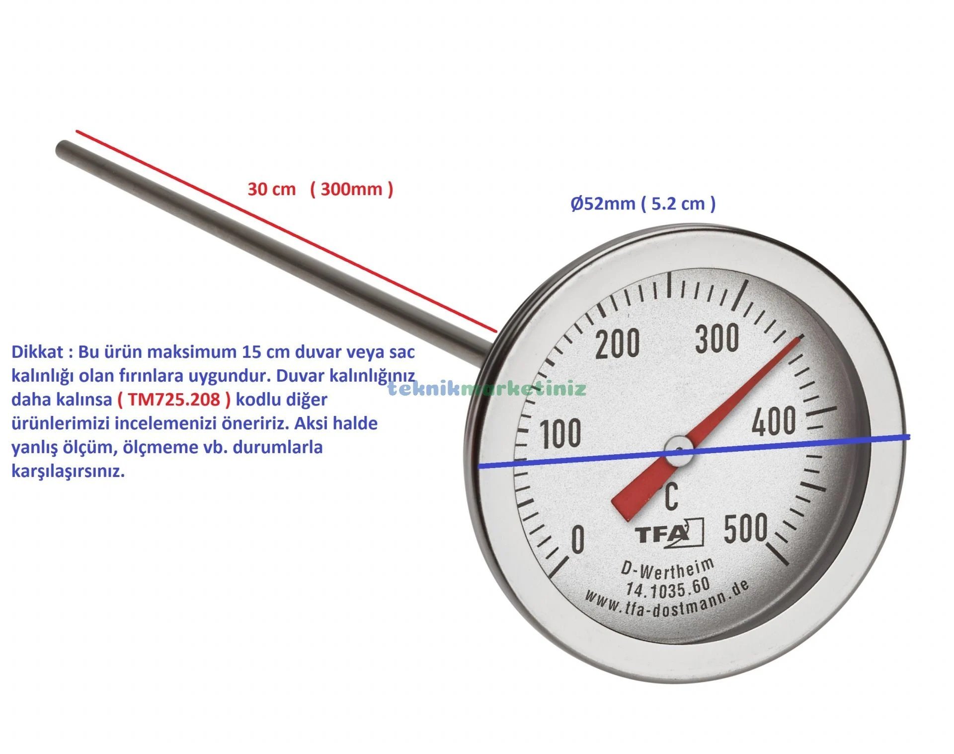 Ø52mm 0-500 C° 30 cm Dalma Boylu Fırın Termometresi, 30 cm Problu 500 Derece Bahçe,Pizza,Pide,Ekmek,Köy,KaraTaş Fırın Isı Gösterge Saati TFA Dostmann TM832.14.1035.60 fiyati ve ozellikleri